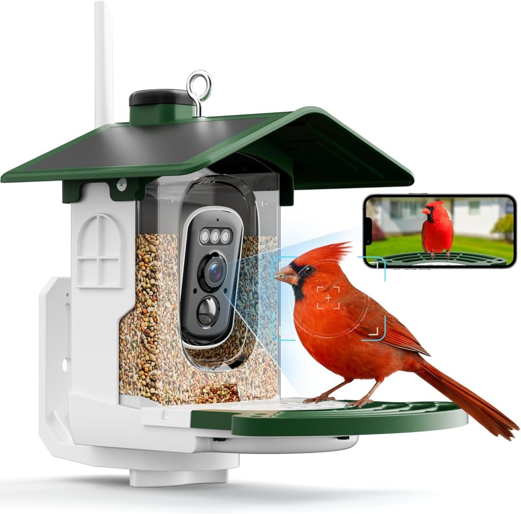 A bird feeder with a built-in camera, featuring a close-up of a cardinal bird feeding, and a smartphone displaying the bird's image.