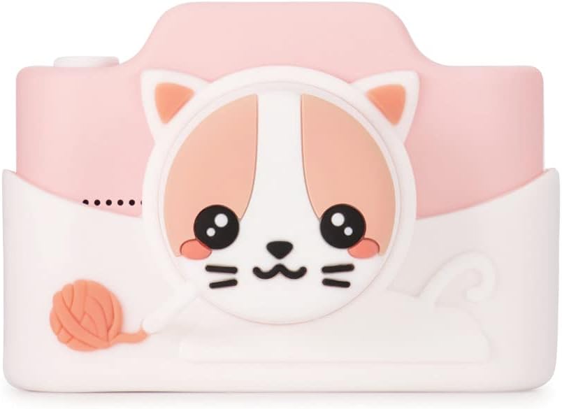 A cute children's camera designed to look like a cartoon cat, featuring a pink and white colour scheme with a playful expression and a yarn ball detail.