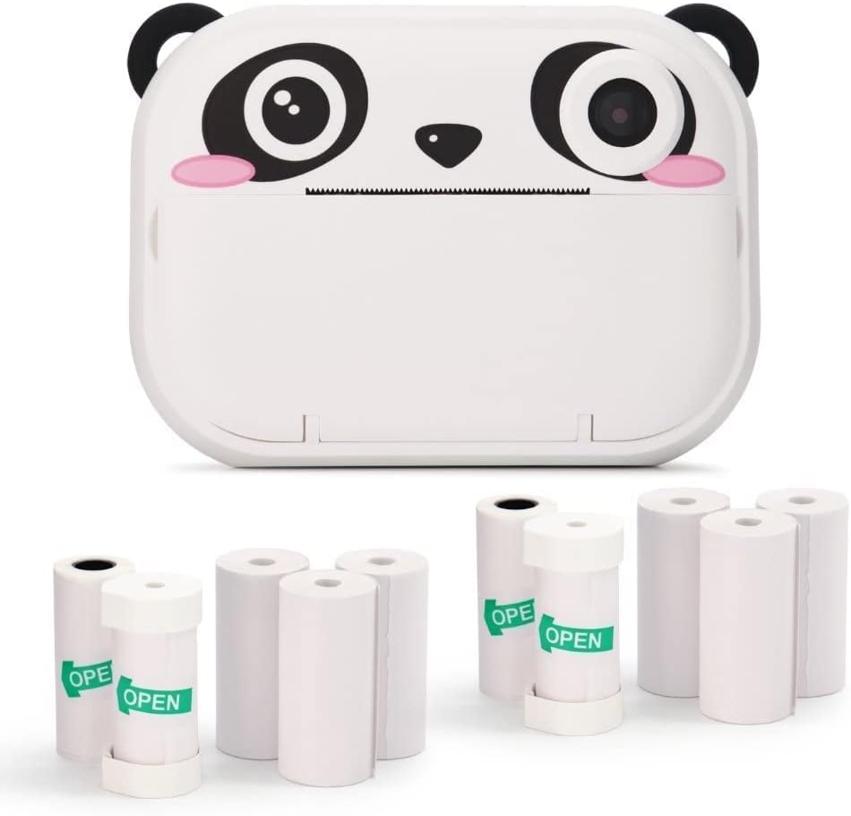 A cute panda-themed instant camera with large eyes and a smiling face, surrounded by several white rolls of film, some labelled 'OPEN'.