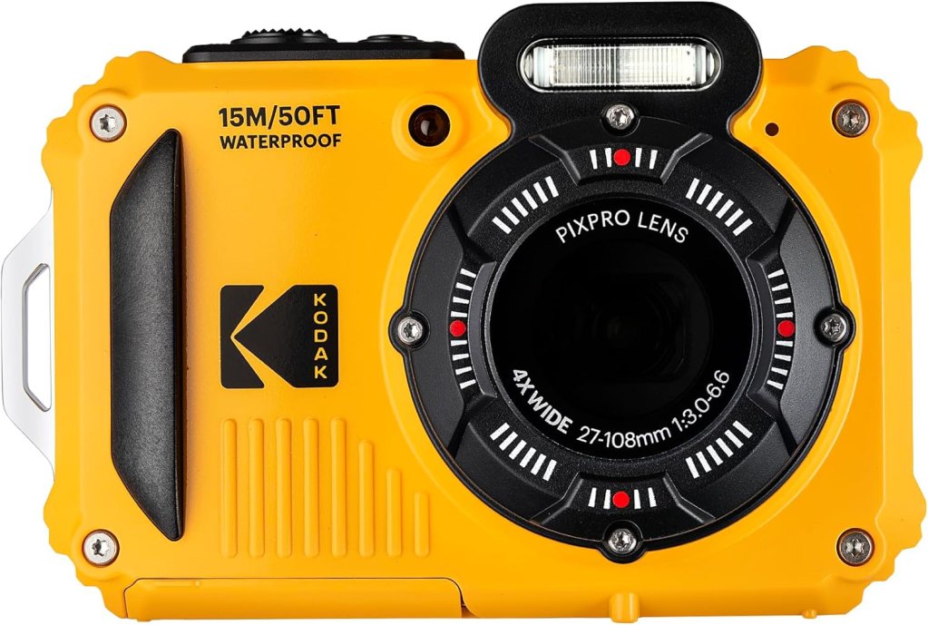 Front view of a yellow Kodak waterproof camera with a Pixpro lens and flash.