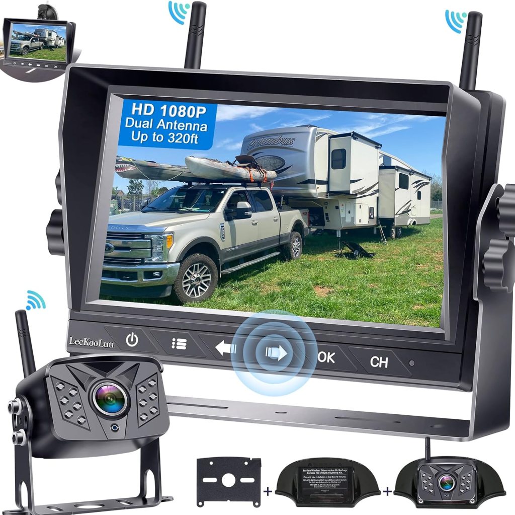 HD 1080P wireless reversing camera system display with dual antennas, showcasing a truck towing a caravan with kayaks on top.