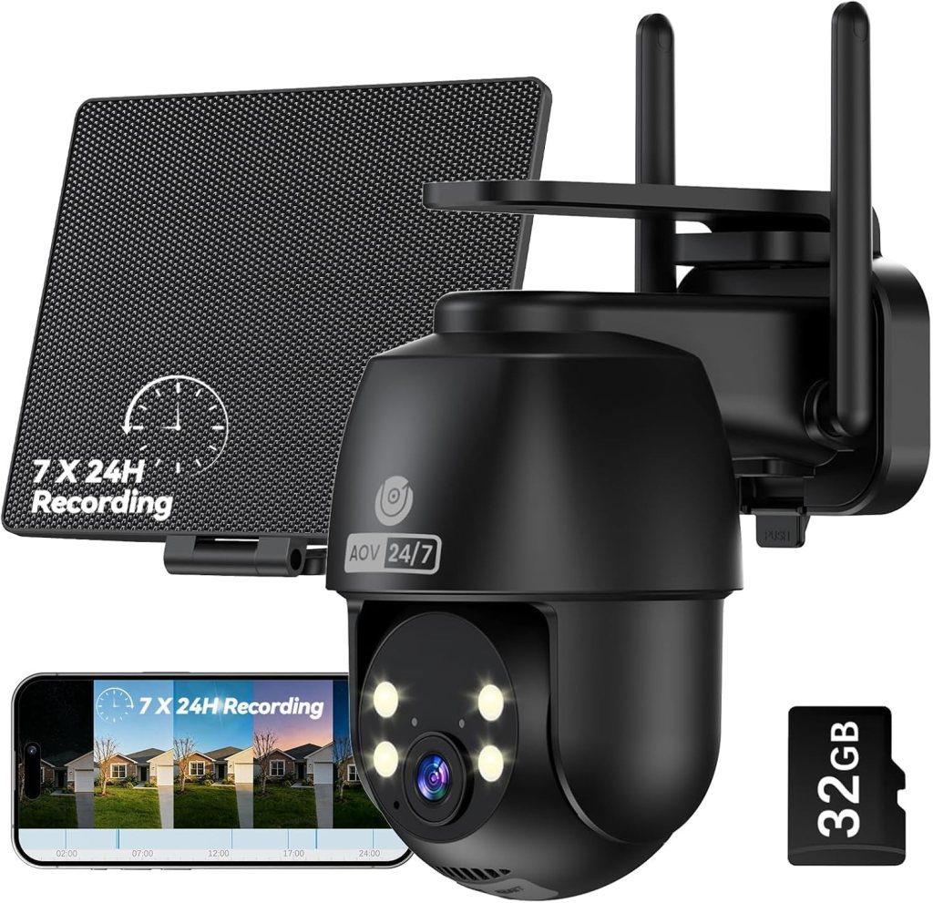 A black security camera with a rotating lens, featuring LED lights, a 24/7 recording indicator, and an attached memory card labelled 32GB. The camera is positioned next to a screen displaying a recording timeline.