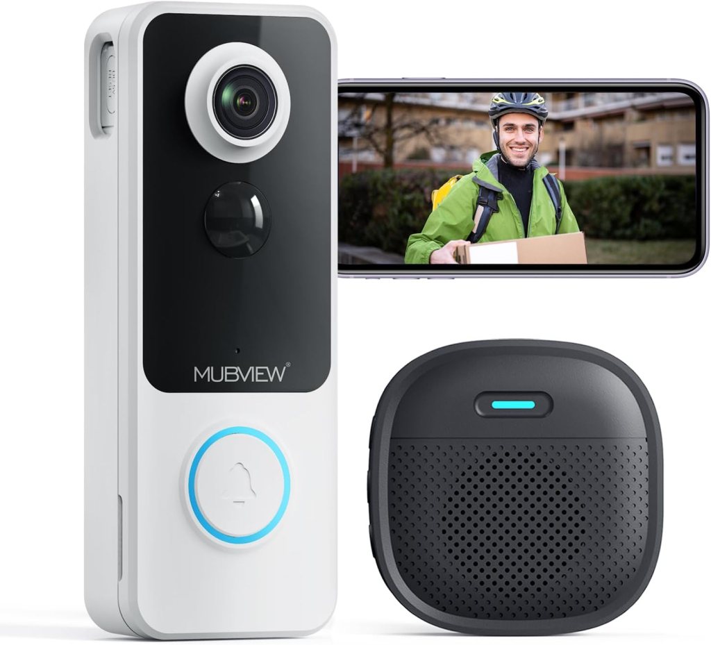 A MUBVIEW video doorbell with a wide-angle camera, a circular button, and a sleek design, alongside a black speaker unit and a smartphone showing a smiling delivery person in a green jacket holding a package.