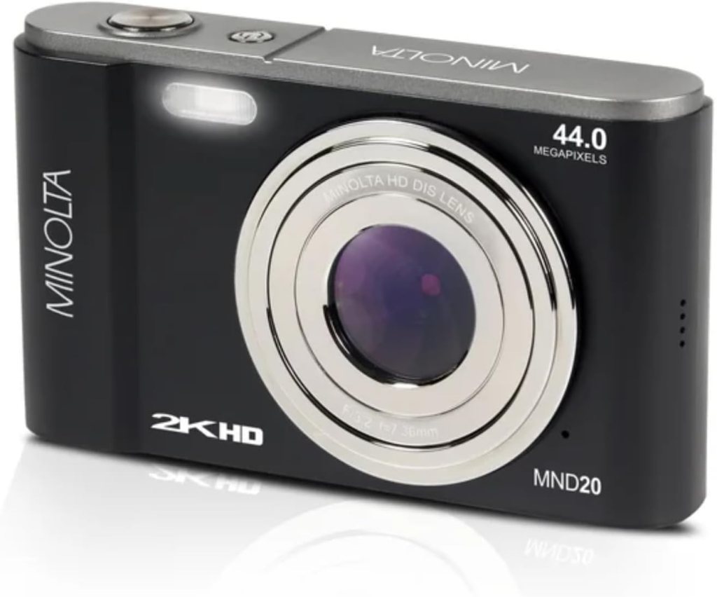 A Minolta digital camera featuring a sleek black design, 44.0 megapixels, and a 2K HD lens.
