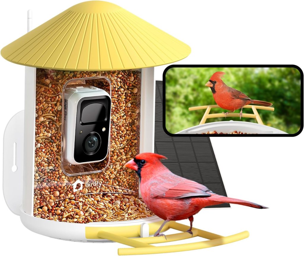 A colourful bird feeder with a solar panel and camera, featuring a cardinal perched in front of it and an image of another cardinal displayed on a screen.