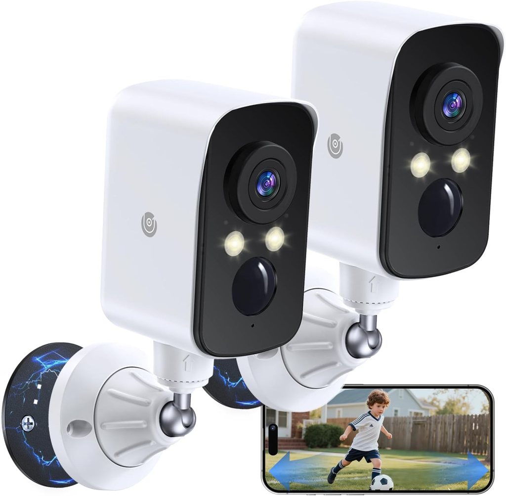 Two outdoor security cameras mounted on a wall, featuring LED lights, with a smartphone displaying a video of a child playing soccer.