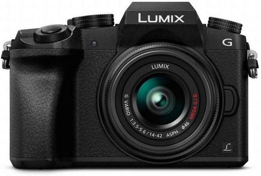 A front view of a Panasonic Lumix G camera with a textured black body and attached lens.
