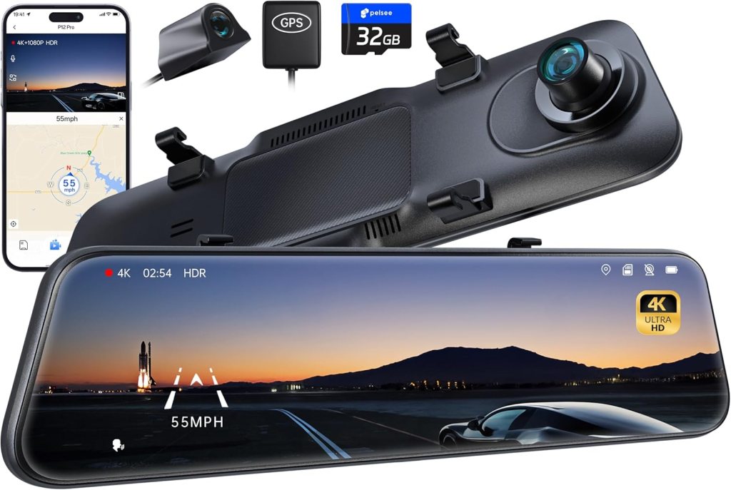 A dashcam device with a 4K HDR display showing a car driving at 55mph, accompanied by a GPS module and smartphone displaying a map.