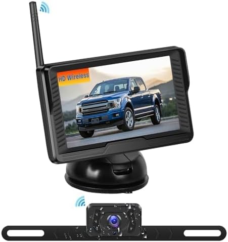 A wireless HD rearview camera system featuring a monitor displaying a blue pickup truck, mounted on a base with the camera positioned below.