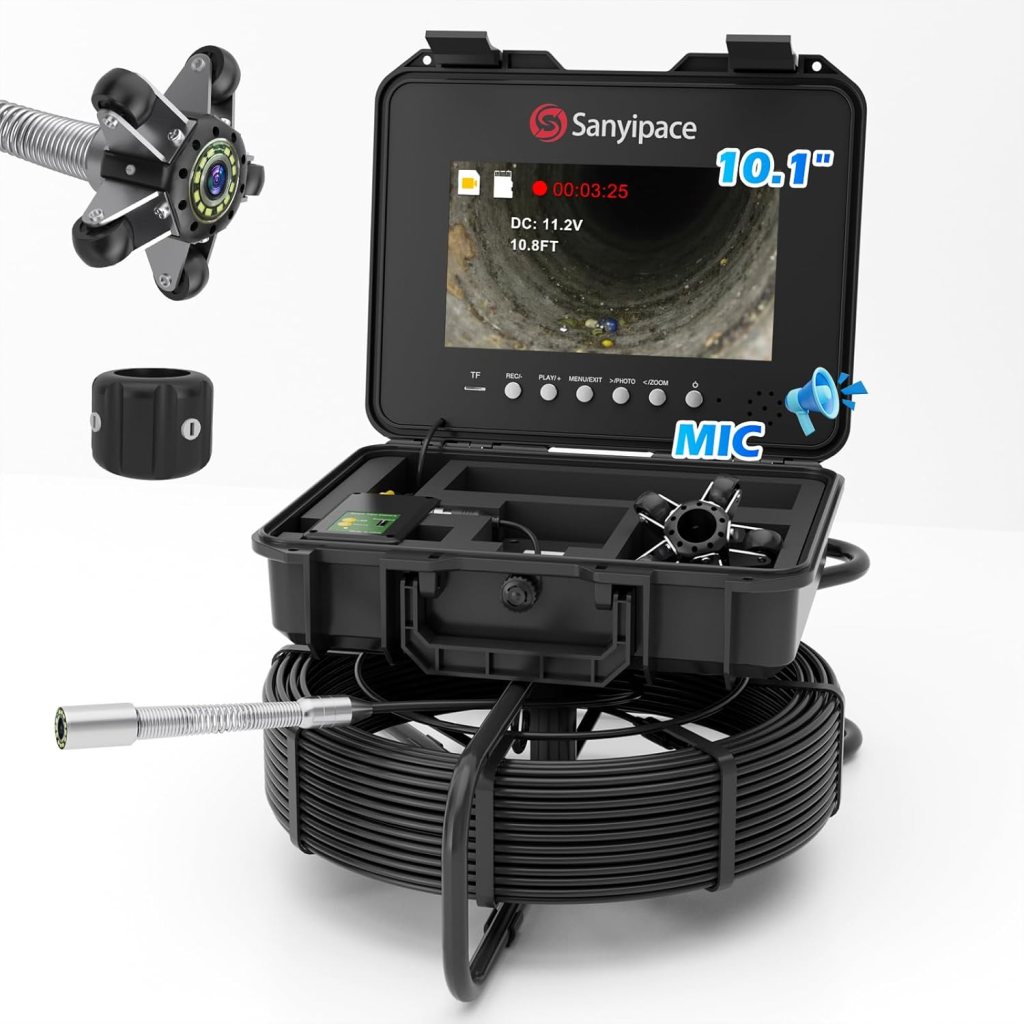A Sanyipace inspection camera kit featuring a 10.1-inch monitor, mounted camera head, and flexible cable, displayed in a portable case.