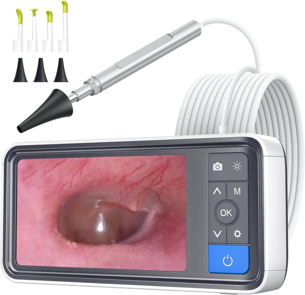 A digital otoscope device with a screen displaying a close-up image of an ear canal, accompanied by various interchangeable tips.
