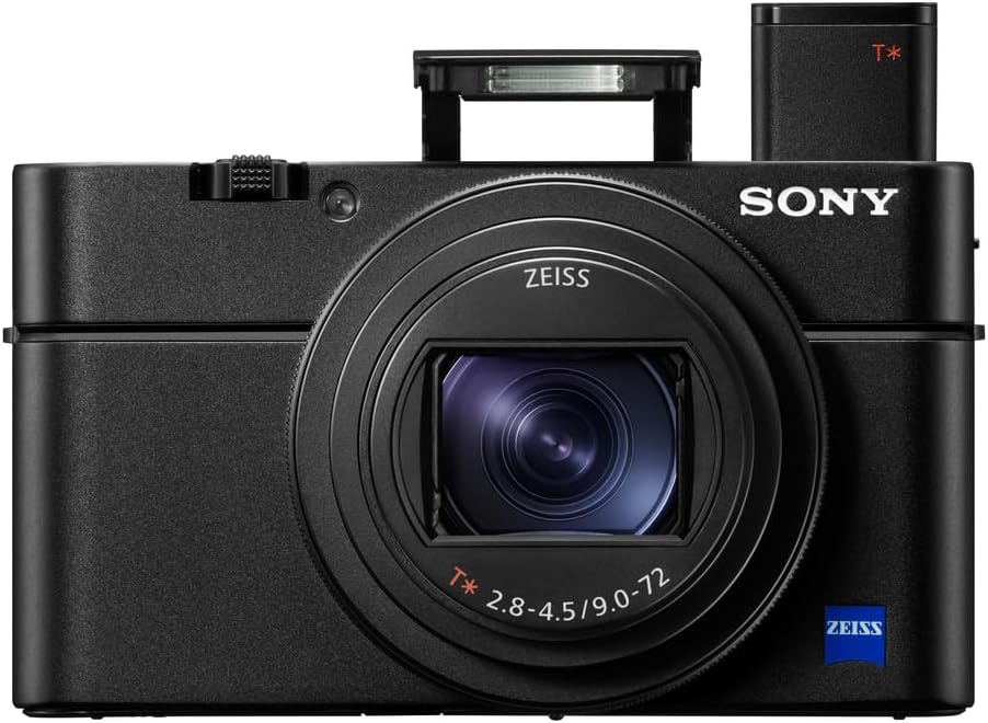 Front view of a Sony camera featuring a Zeiss lens, compact design, and a built-in flash.