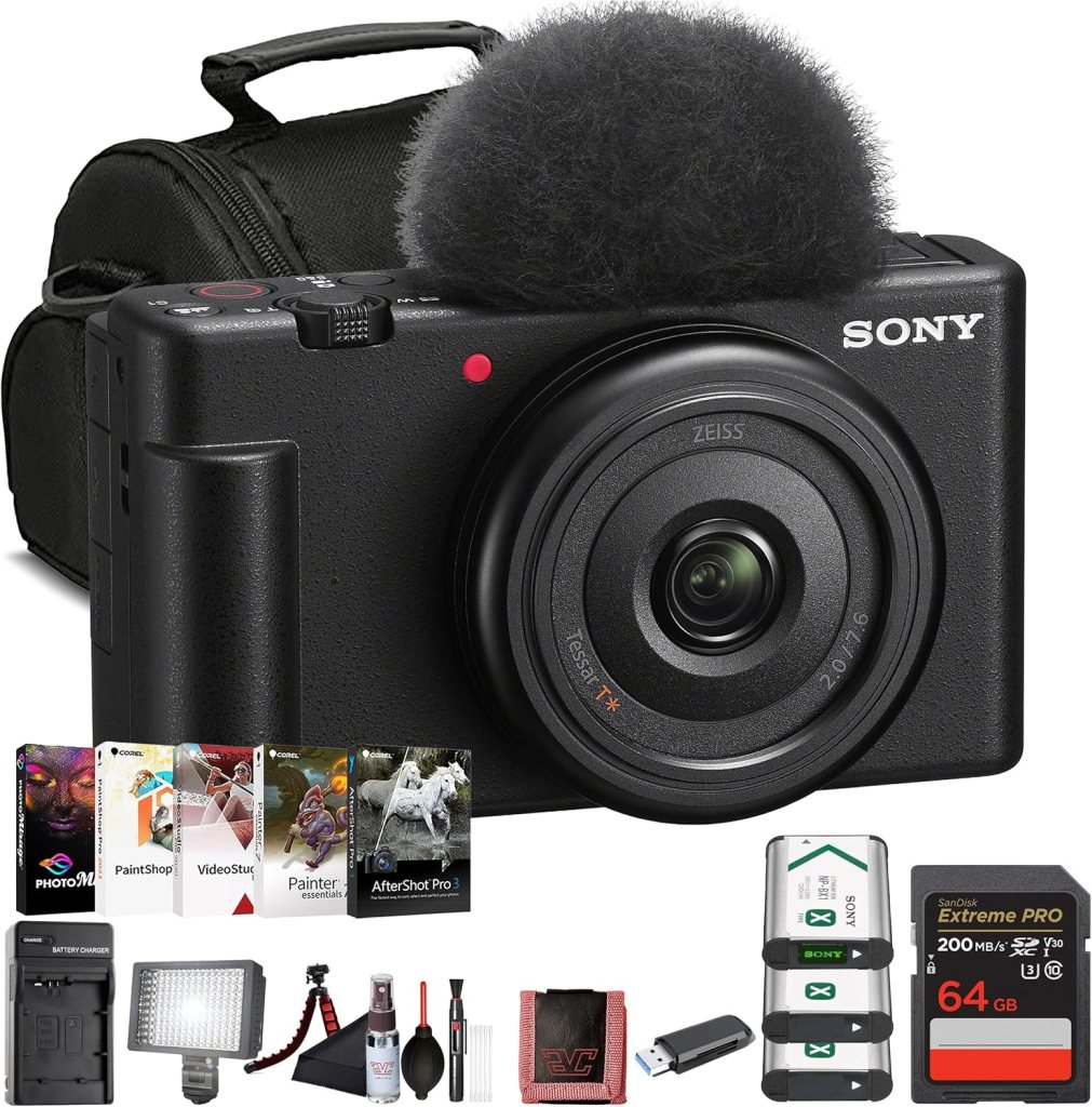 A Sony camera with a ZEISS lens and a fluffy windscreen, accompanied by photography software boxes, a battery charger, an LED light, cleaning tools, a USB stick, and a memory card.
