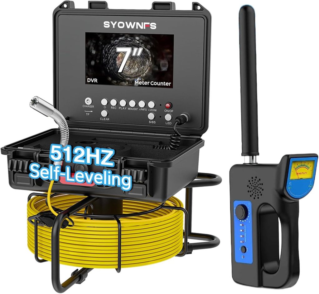 A 7-inch DVR metre counter with a self-leveling feature, accompanied by a detachable sonde and a handheld locator device. The system includes a coil of yellow cable housed in a black case.