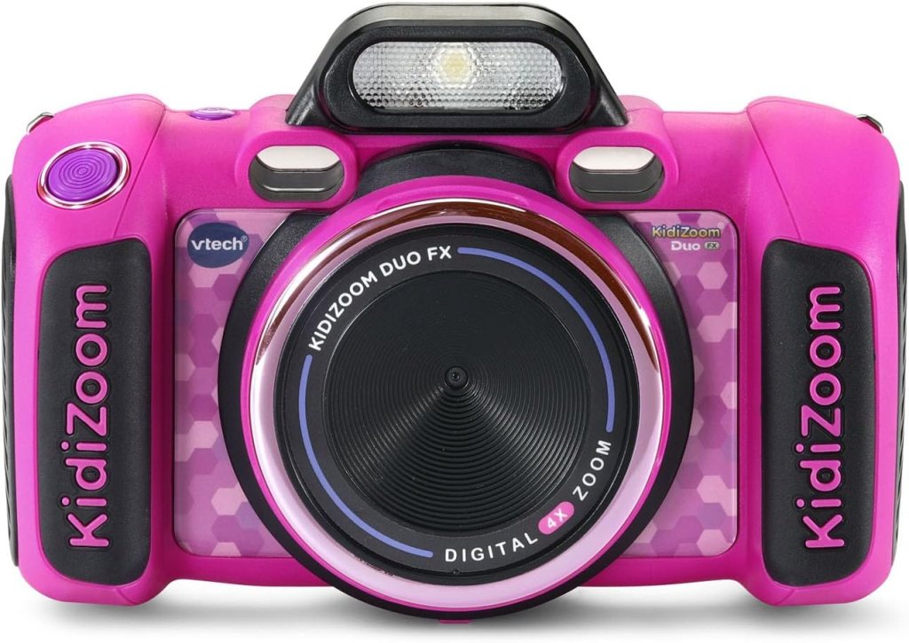 A bright pink KidiZoom camera designed for kids, featuring a lens, flash, and textured grip for easy handling.