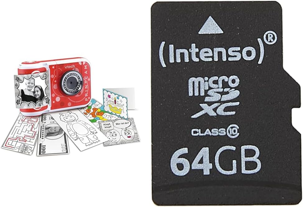 A VTech Print Cam toy camera displaying a photo print, surrounded by printed colouring sheets, mazes, and cards. Next to it is an Intenso 64GB microSD card.