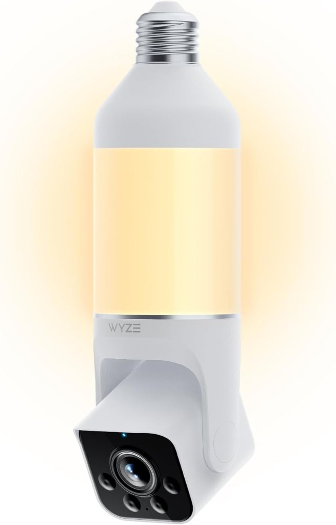 A smart light bulb with a built-in security camera, featuring a white and yellow design, and a black camera lens at the bottom.