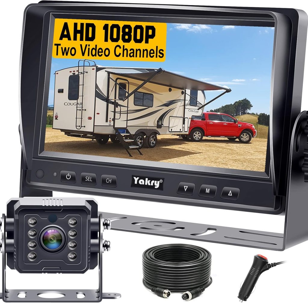 AHD 1080P monitor with two video channels displaying a recreational vehicle and a red truck, accompanied by a rearview camera, mounting bracket, and cable.
