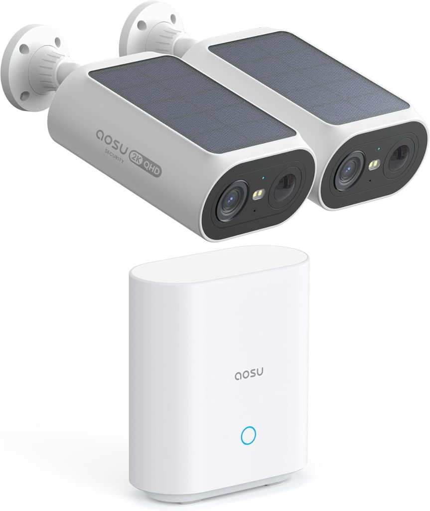 AOSU security cameras featuring solar panels and dual lenses, accompanied by a white base station.