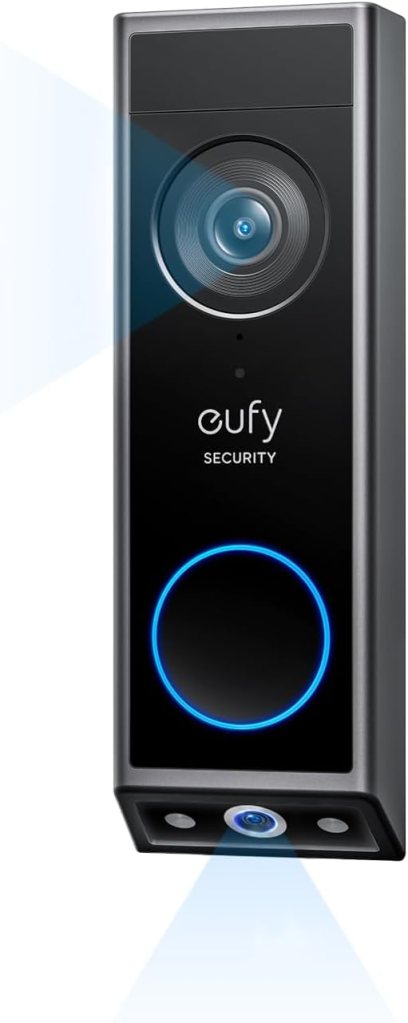 A Eufy Security video doorbell featuring a circular camera lens and a blue LED ring, designed for home security.