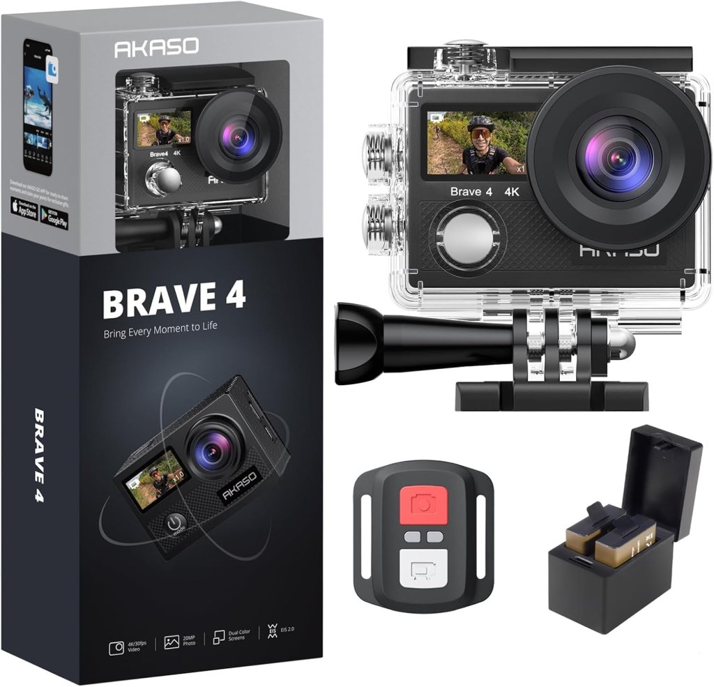 AKASO Brave 4 action camera with 4K capability, displayed with its packaging, remote control, and extra battery.