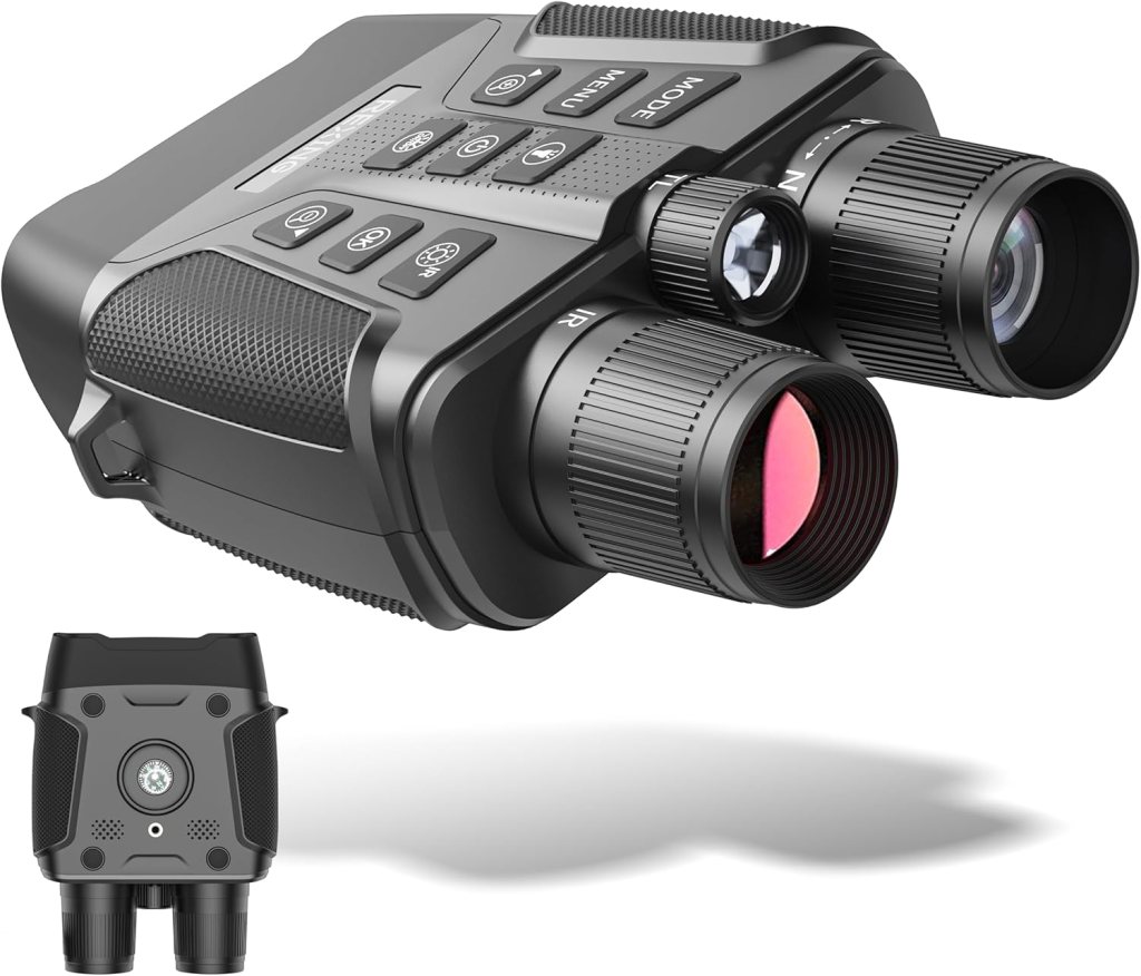 A compact digital night vision binocular with various control buttons, featuring two lenses for enhanced vision.
