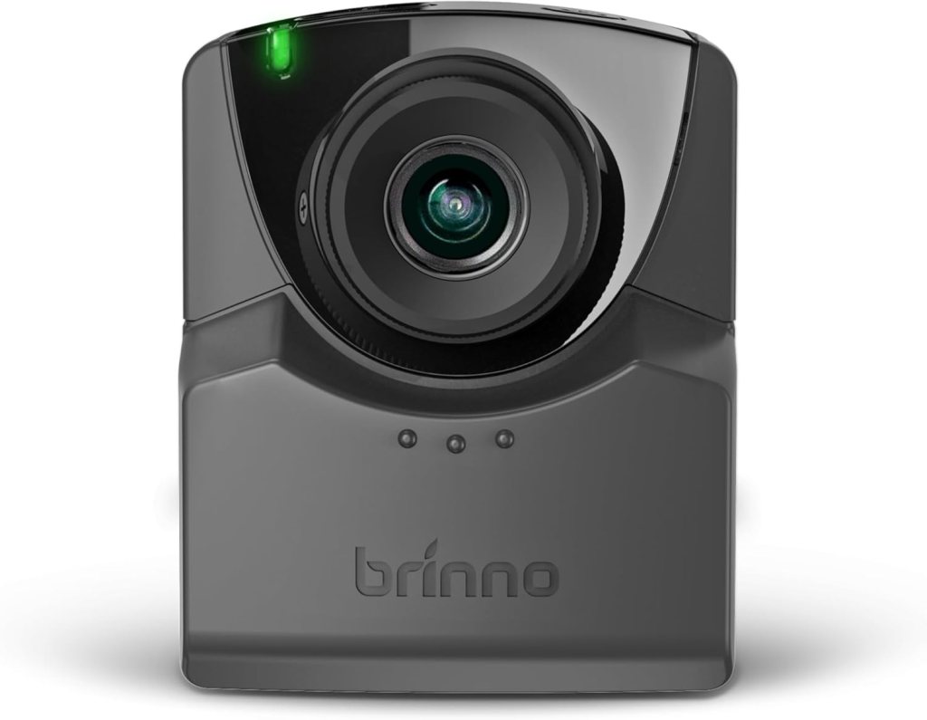 Front view of a Brinno camera featuring a lens and a green indicator light.