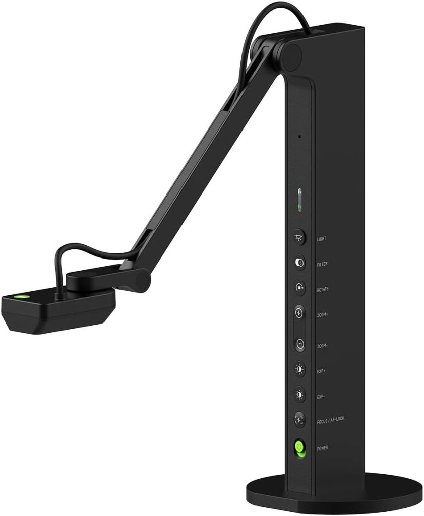 A black document camera with an adjustable arm and various control buttons for light, filter, zoom, and focus.