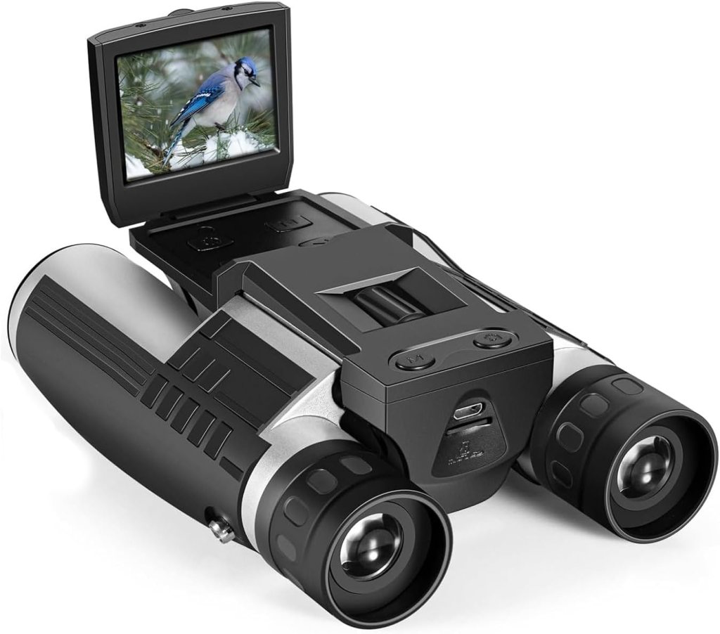 A pair of binoculars with a built-in digital screen displaying a blue jay, featuring controls and a charging port.