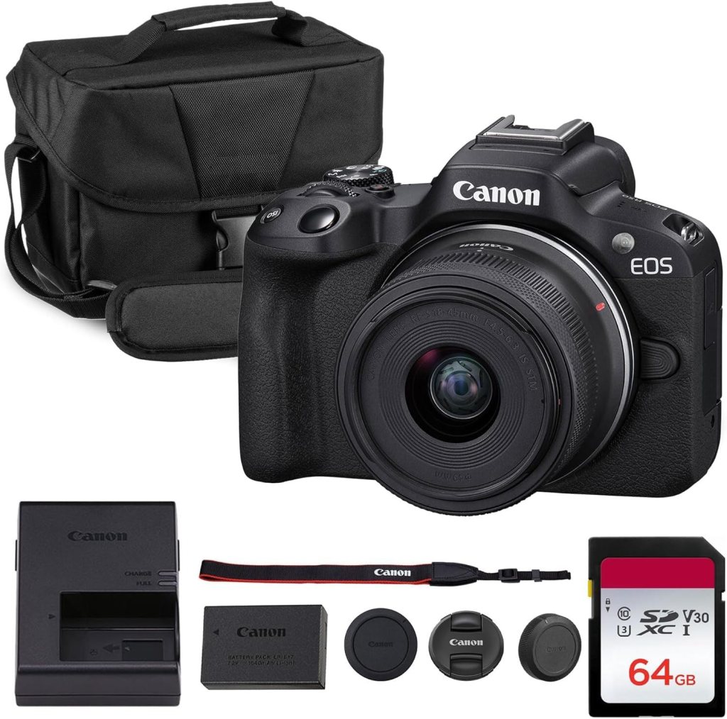 A Canon EOS camera with a lens, accompanied by a black shoulder bag, battery charger, battery, camera strap, lens caps, and a 64GB SD card.