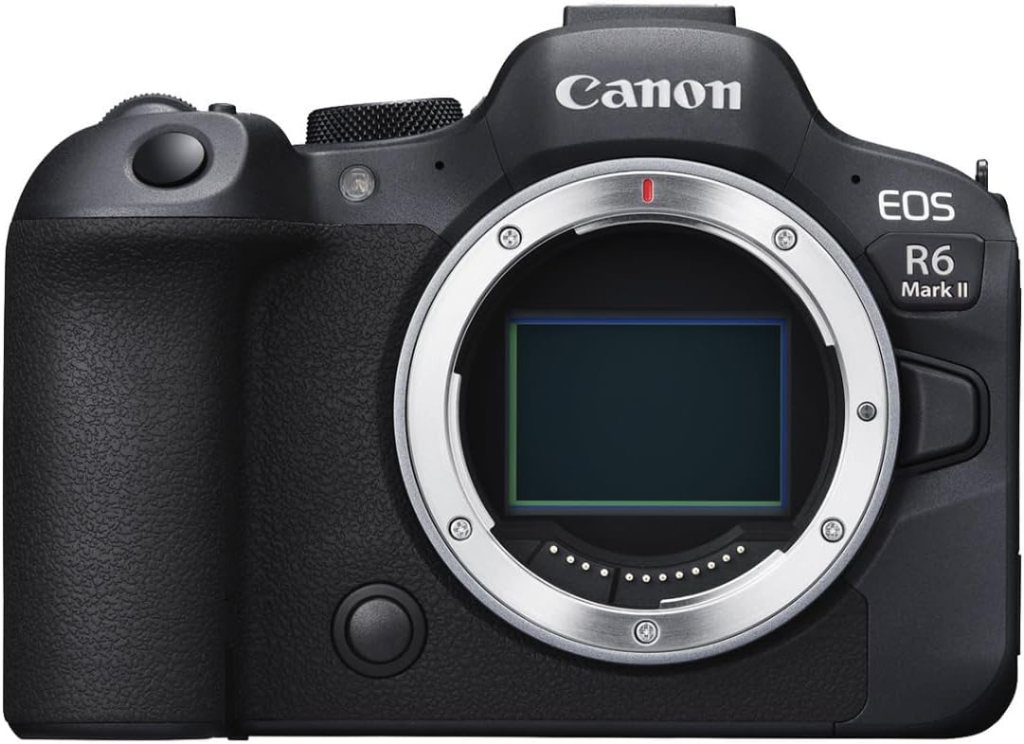 Front view of the Canon EOS R6 Mark II camera showcasing its body design and sensor mount.