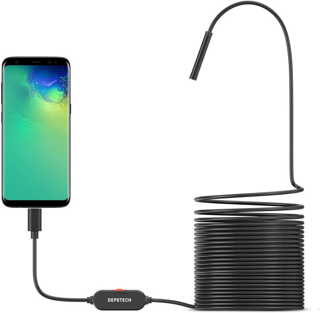 A smartphone connected to a flexible endoscope cable, featuring a camera at the tip, designed for inspecting hard-to-reach areas.