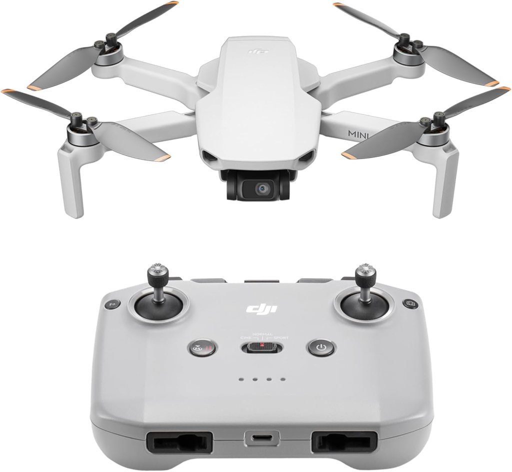 A grey DJI Mini drone showcasing four propellers and a camera on the front, alongside its matching remote control featuring joysticks and buttons for operation.