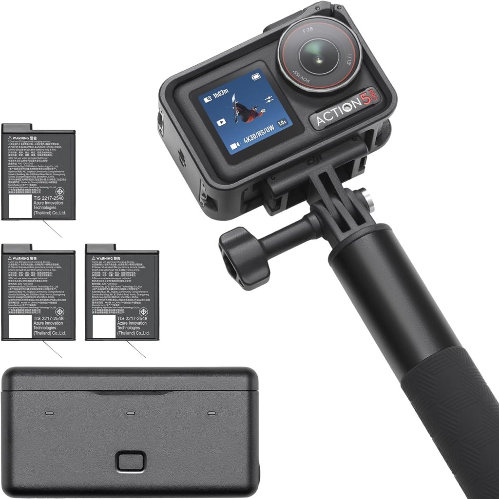 A compact action camera labeled 'ACTION 5' mounted on a stabilising handle with a display showing an image. Two additional batteries and a charging case are also visible.