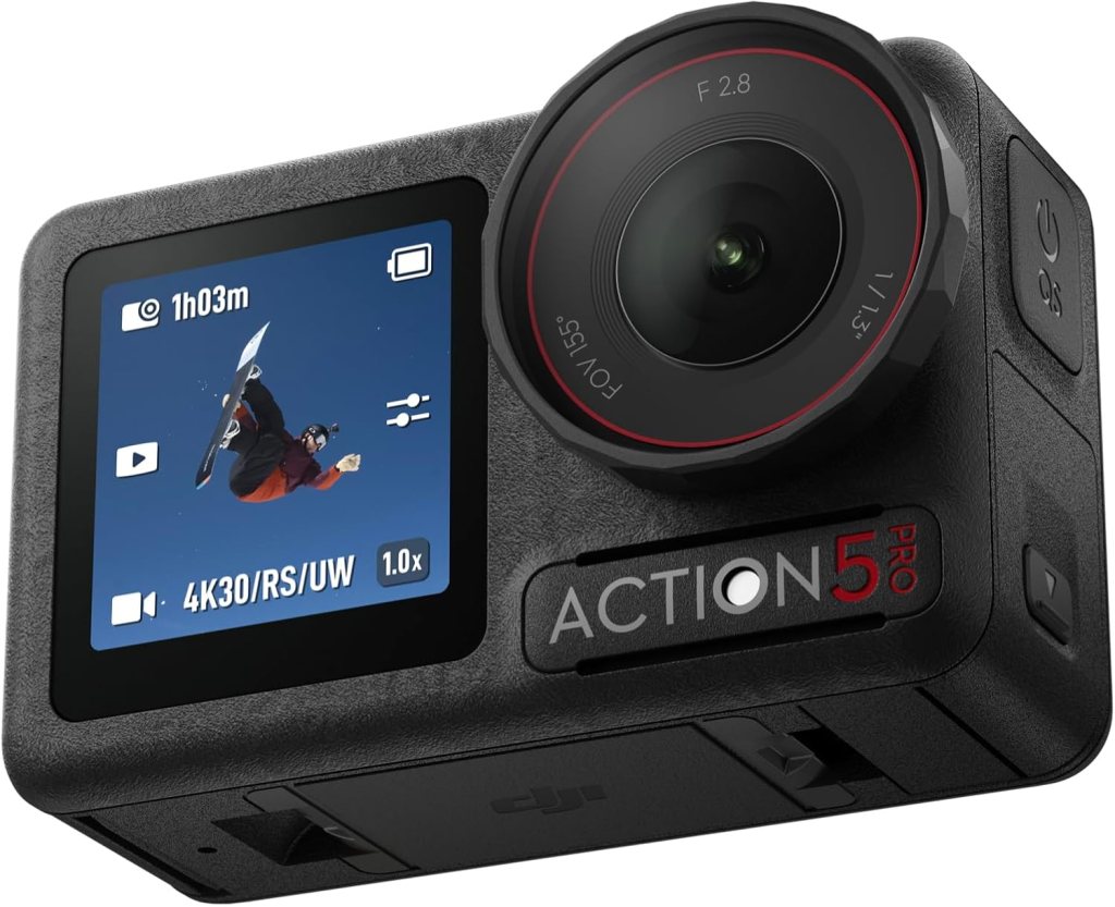 A close-up view of the DJI Action 5 Pro camera, showcasing its front lens and digital display. The screen displays information about recording time, video settings, and a snowboarder in action.