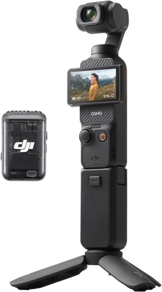 A black DJI Osmo mobile gimbal camera with a built-in screen, showing a woman outdoors, next to a compact microphone receiver.