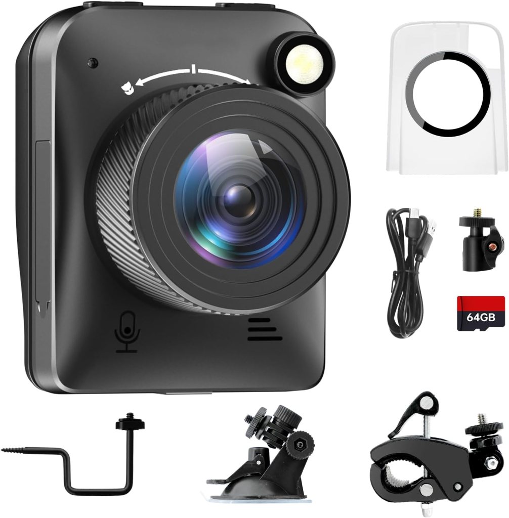 A compact black camera with a large lens, featuring a microphone, light, and various accessories including a suction mount, clamp, and USB cable, alongside a 64GB memory card.