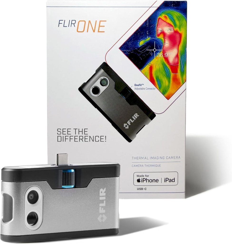 FLIR One thermal imaging camera with a promotional box displaying an image of a person captured in thermal view. The box includes product information and compatibility details for iPhone and iPad.