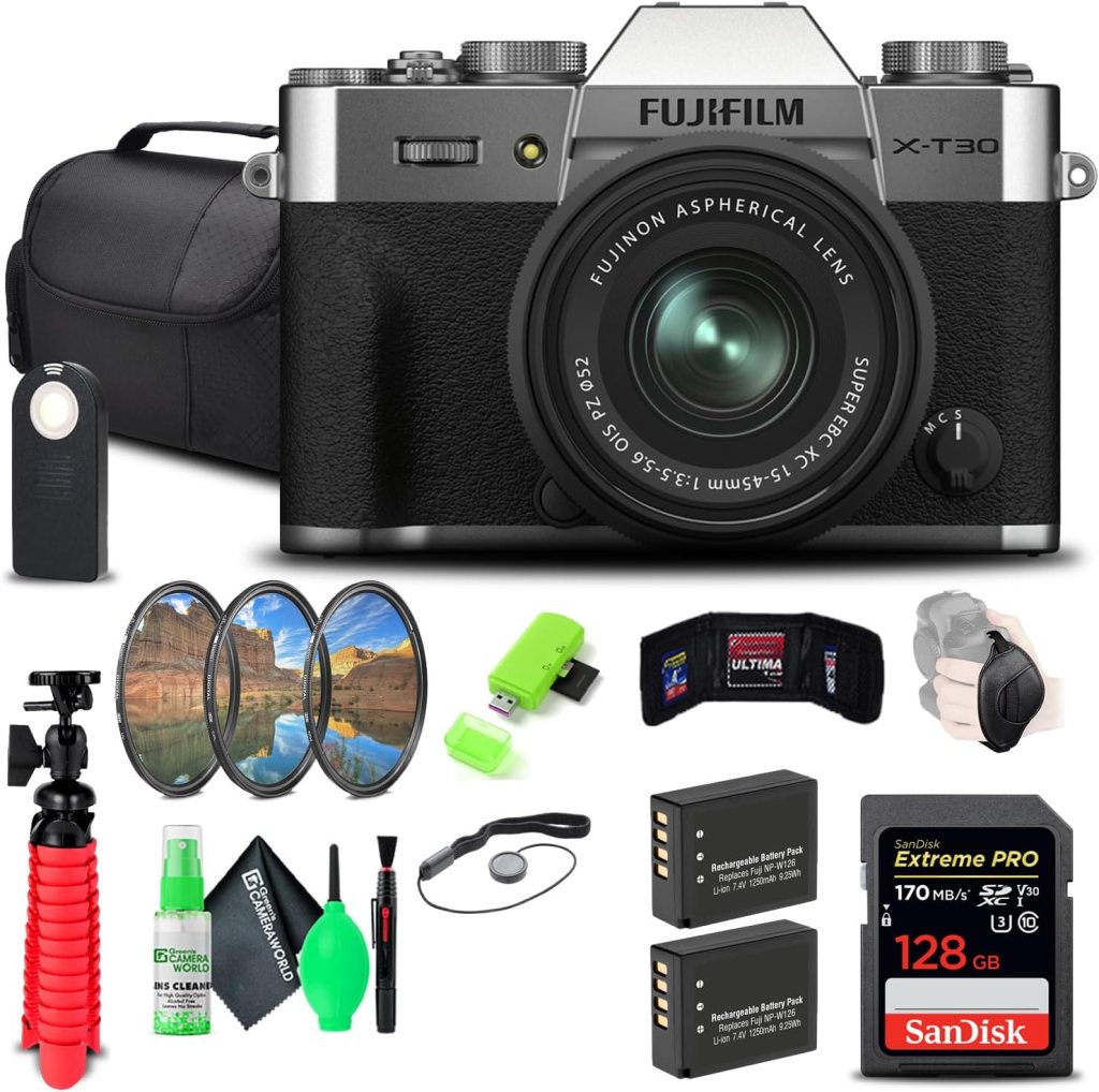 A flat lay image featuring a Fujifilm X-T30 camera with a lens, surrounded by various photography accessories including filters, a tripod, battery packs, a memory card, a cleaning kit, and a remote shutter release, all arranged neatly.