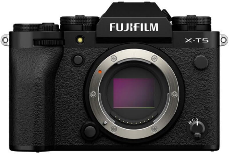 Fujifilm X-T5 mirrorless camera, featuring a sleek black design and a prominent lens mount.