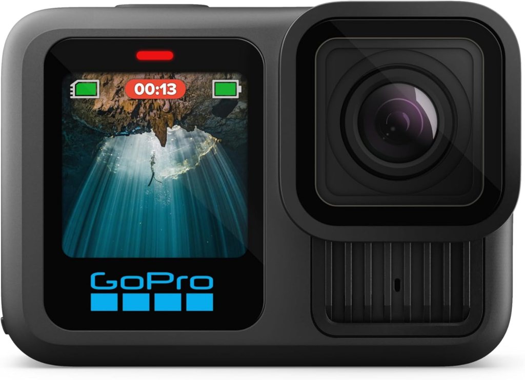 A GoPro camera displaying an underwater scene with rays of light, indicating recording time and battery status.