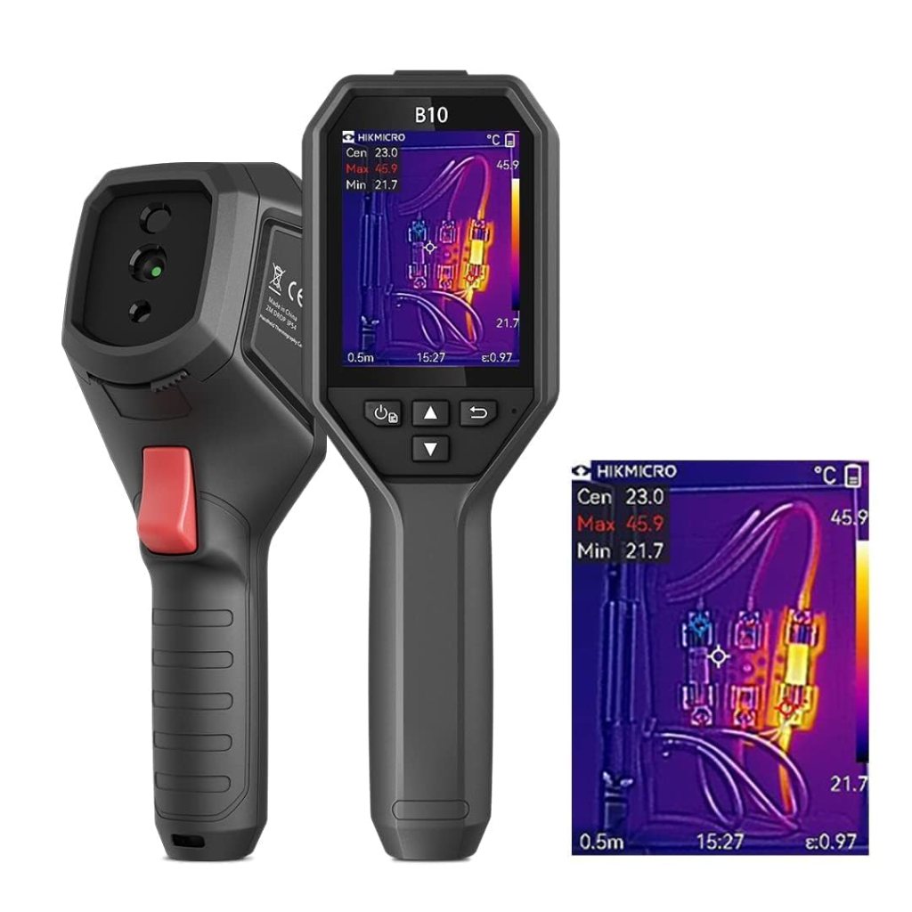 A thermal imaging camera with a display showing temperature readings and a close-up image of electronic components, highlighting temperature variations.