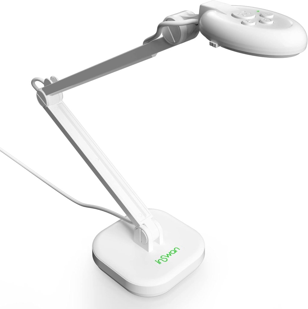 A modern adjustable desk lamp with a white finish and control buttons on the light head.