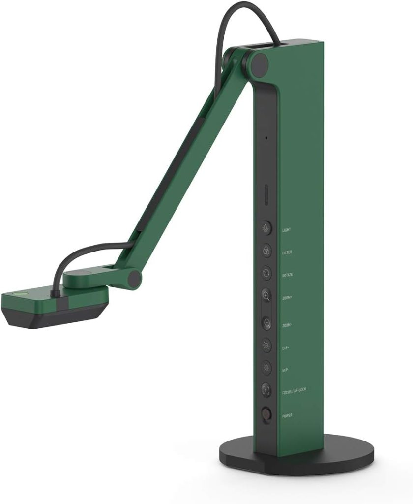 Stylish green document camera with an adjustable arm and various control buttons on the side.