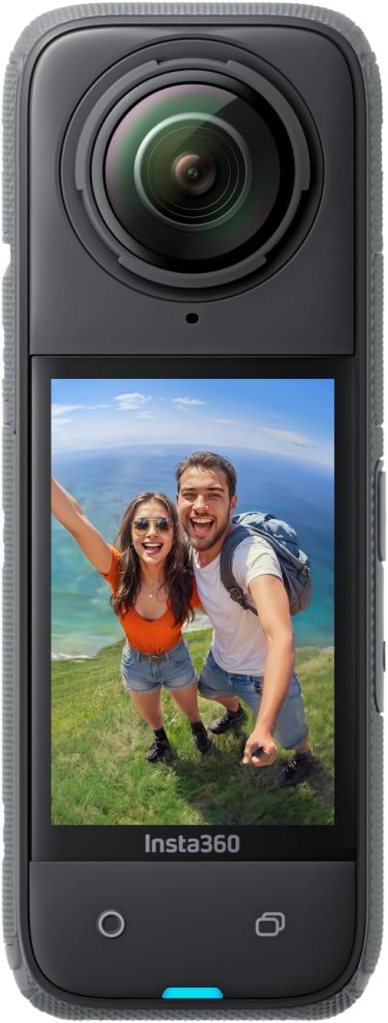 Insta360 camera displaying a cheerful couple taking a selfie outdoors with a scenic background.