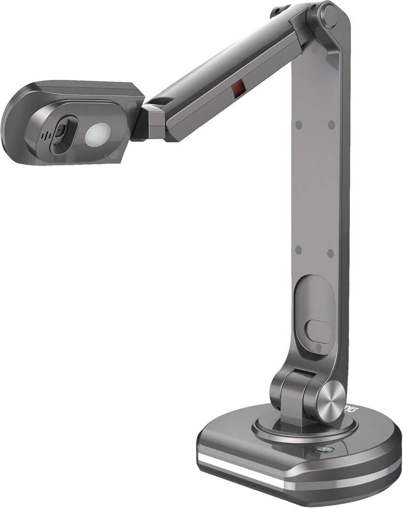 A grey document camera with a flexible arm and a base, designed for capturing and displaying documents or objects.