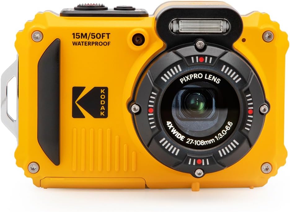 A bright yellow waterproof Kodak camera featuring a Pixpro lens, with specifications of 15m/50ft depth resistance and 4x wide optical zoom.