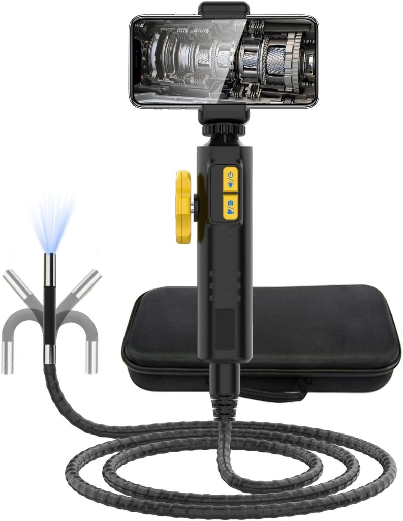 A digital inspection camera with a smartphone holder displaying internal machinery, featuring detachable probes and a black storage case.