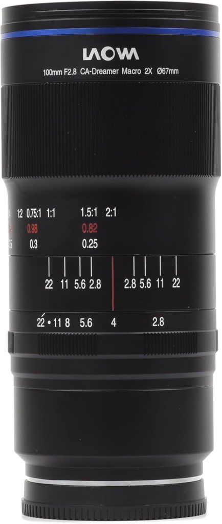 Laowa 100mm F2.8 CA-Dreamer Macro 2X lens featuring focus distance and aperture markings.