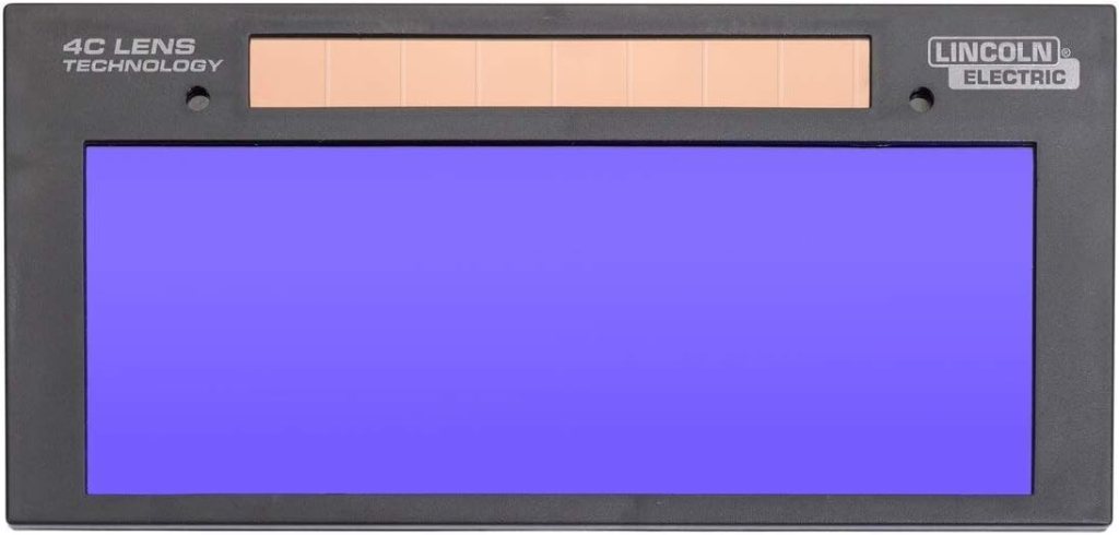 Welding helmet lens featuring 4C lens technology with a purple tint and a clear adjustment section at the top, branded with Lincoln Electric.